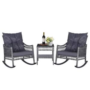 3-Piece Patio Wicker Outdoor Bistro Set with Gray Cushions and Pillows