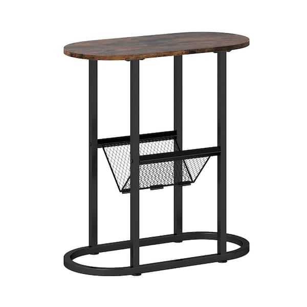Industrial Oval Side Table, 2-Tier Accent Table with Mesh Shelf, Sofa Side Organizer