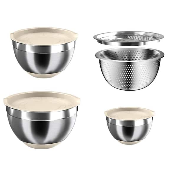 Stainless Steel Mixing Bowls with Airtight Lids, 3 Metal Nesting Bowls, Colander and Grater, Non-Slip Bottom, Multicolor