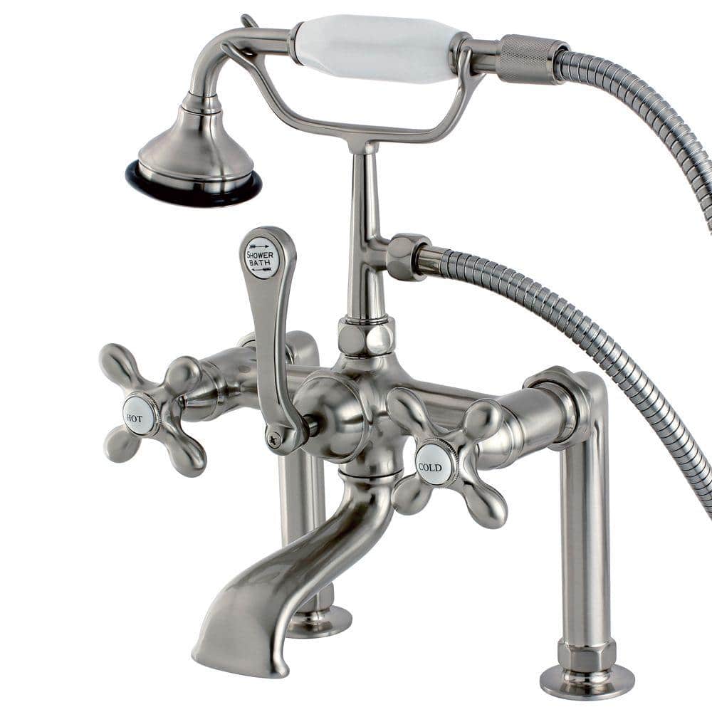 Cross 3-Handle Deck-Mount High-Risers Claw Foot Tub Faucet with Handshower 