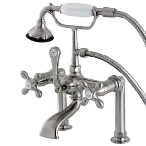 Cross 3-Handle Deck-Mount High-Risers Claw Foot Tub Faucet with Handshower in Brushed Nickel