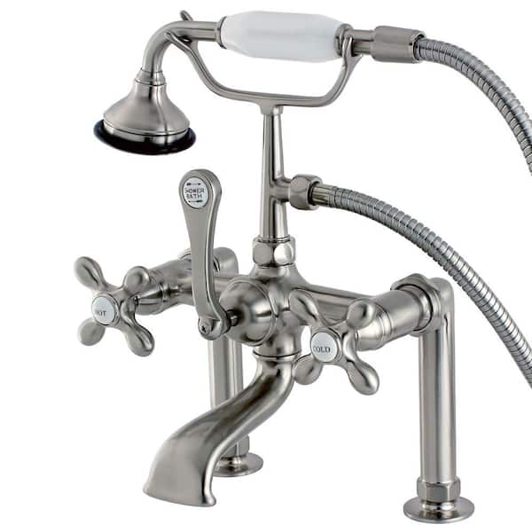 Aqua Eden Cross 3-Handle Deck-Mount High-Risers Claw Foot Tub Faucet with Handshower in Brushed Nickel