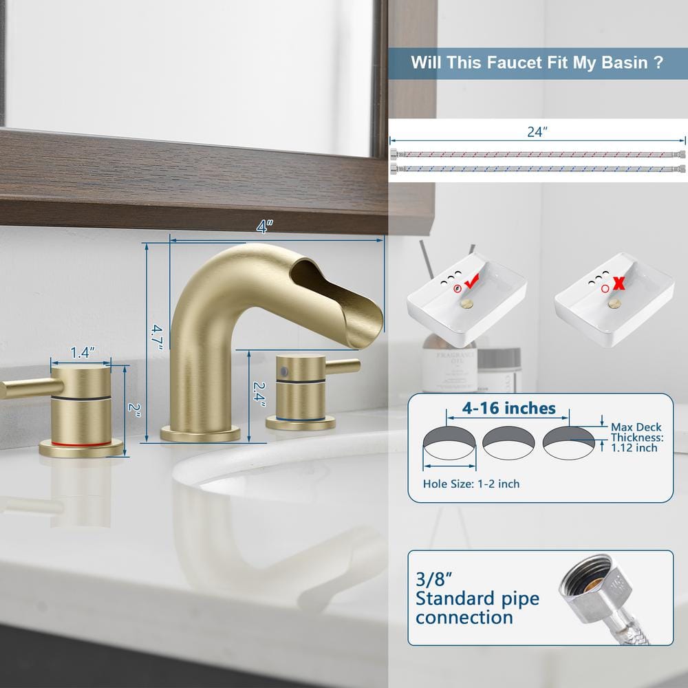 Brushed Gold Stainless Steel Waterfall Bathroom Faucet with Double Handles