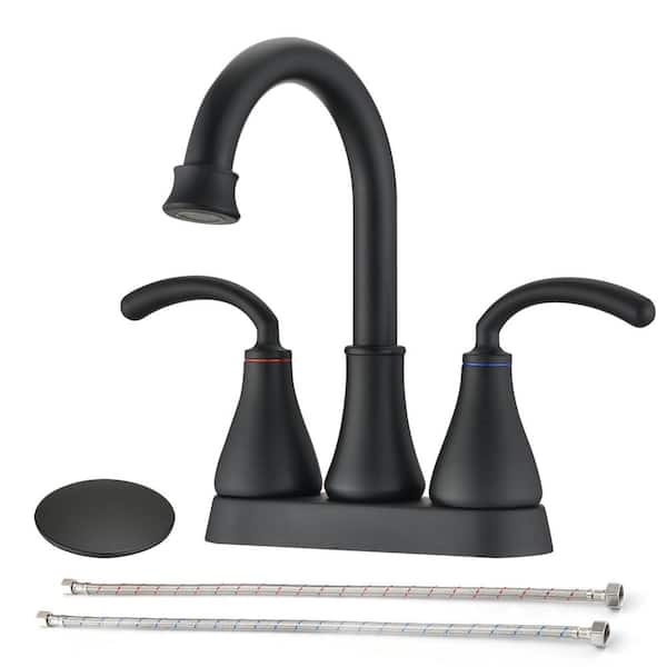 Fapully 4 in. Centerset 2-Handle High-Arc Bathroom Faucet, Bathroom Sink Faucet with Pop Up Drain in Matte Black