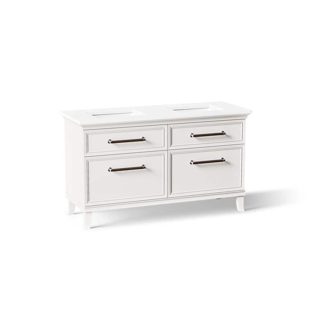 Artifacts 60 in. 2 Basin Freestanding Linen White Bath Vanity with Miami White Quartz Top and Chrome Hardware