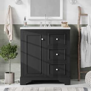 30 in. W Freestanding Bath Vanity in Black with White Ceramic Basin Top, 3-Drawers and Adjustable Shelves