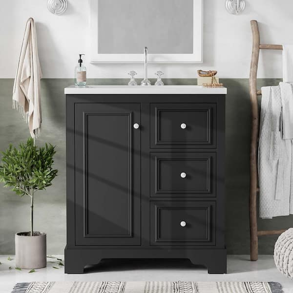 30 in. W Freestanding Bath Vanity in Black with White Ceramic Basin Top, 3-Drawers and Adjustable Shelves