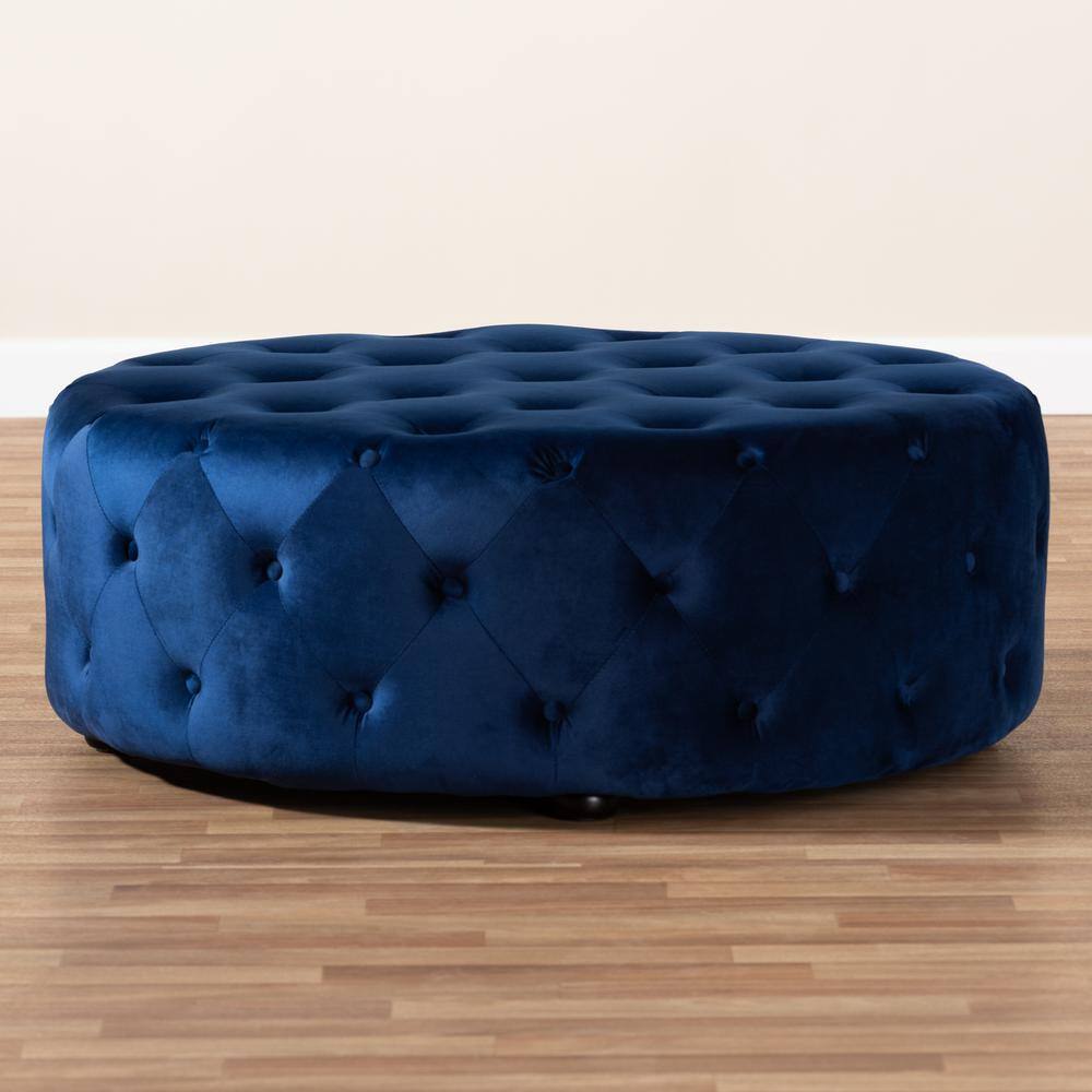 Cardiff Round Blue Velvet Tufted Ottoman