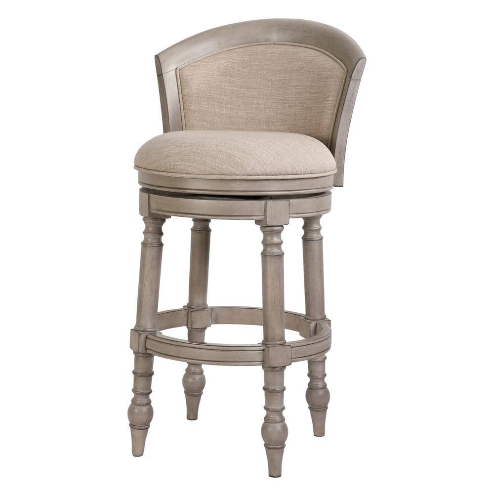Emily 31in. Wood Barrel-Back Swivel Bar Stool, Grey with Upholstered Linen 