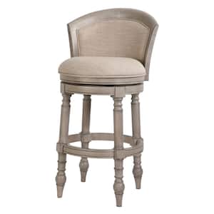 Emily 31in. Wood Barrel-Back Swivel Bar Stool, Grey with Upholstered Linen Seat and Back