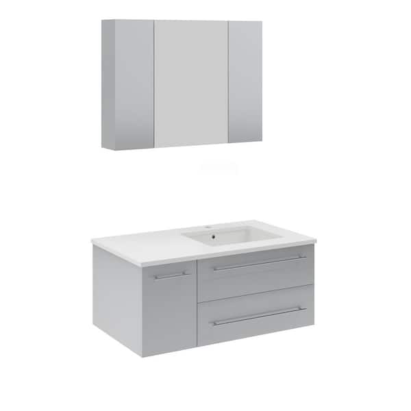 Fresca Lucera 36 in. Single Wall Mount Gray Bath Vanity with White Quartz Top, Undermount Right Sink and Medicine Cabinet