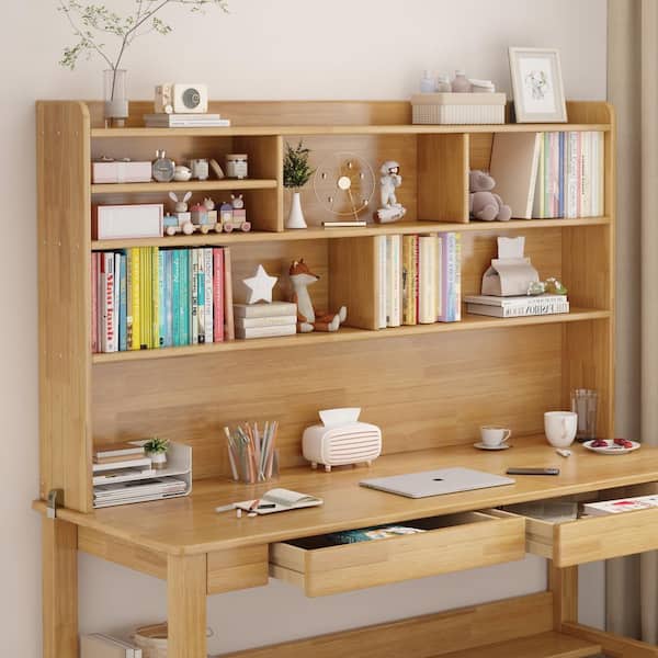63 in. W Beige Kids Study Desk with Hutch, Wooden Writing/Computer Desk, Dual-Position Kids Desk with Drawers for Home