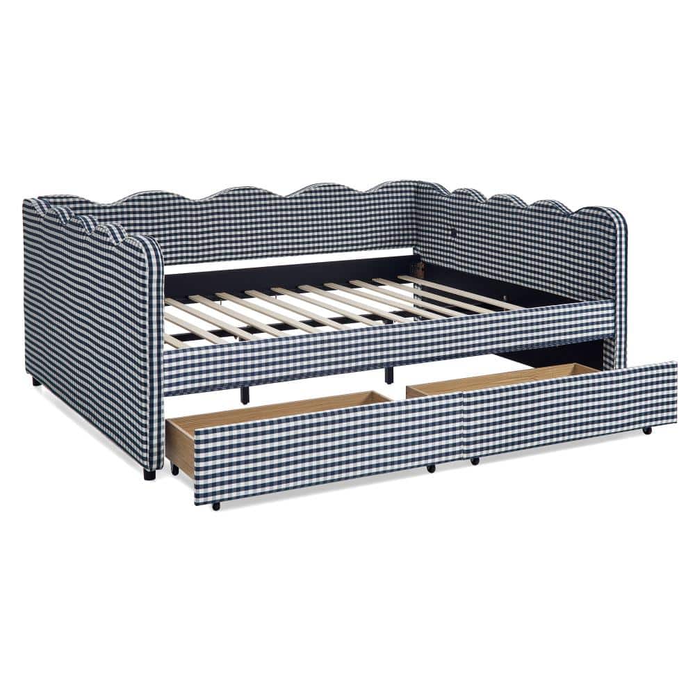 AP-Serenity Gingham Daybed with 2 Storage Drawers & USB Port, Wave-Shaped Queen Size Sofa Bed, Navy Blue price history on PriceWatchPro