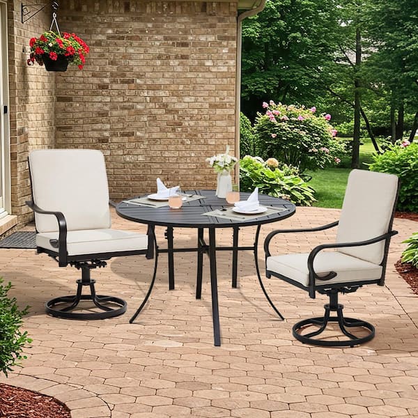 Unbranded 360° Swivel Metal Outdoor Dining Chairs (Set of 2) Patio Lounge Swivel Chairs with Full Rattan Backrest, Beige Cushions