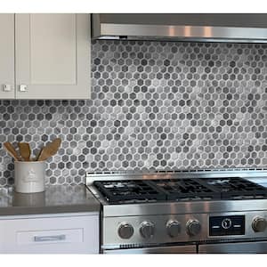 Gray and White 11.3 in. x 12.0 in. Hexagon Polished Marble Mosaic Tile (4.71 sq. ft./Case)