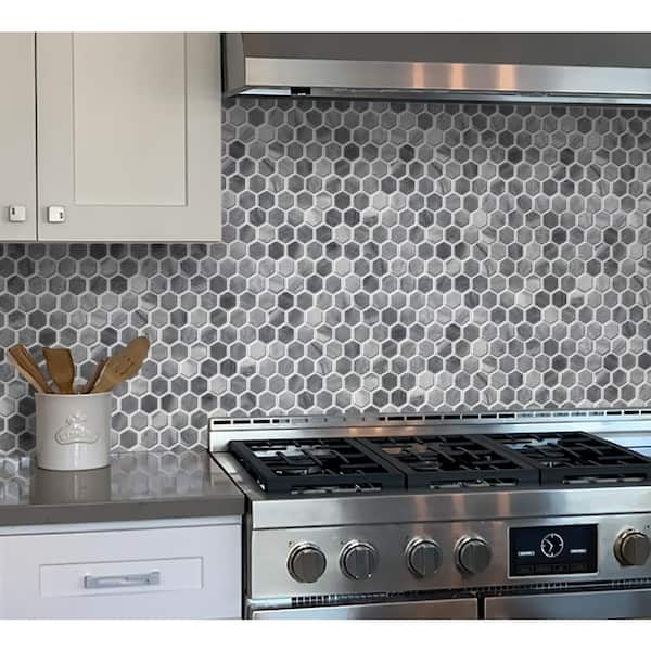 Gray and White 11.3 in. x 12.0 in. Hexagon Polished Marble Mosaic Tile (4.71 sq. ft./Case)