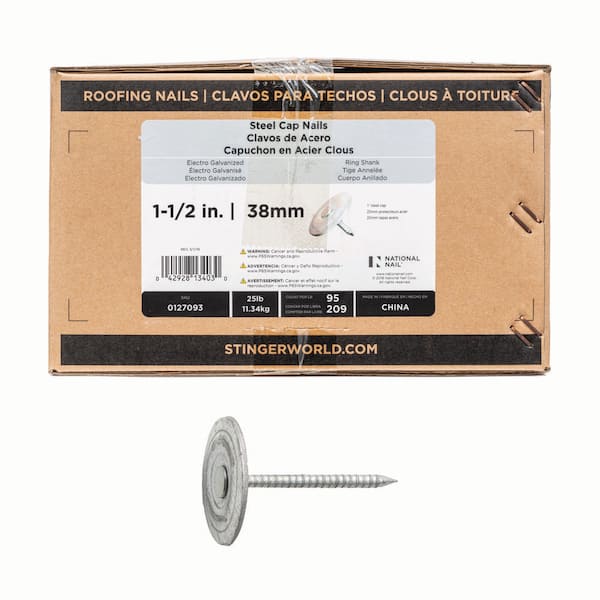 1-1/2 in. x 12-gauge Electrogalvanized Ring Shank Steel Cap Roofing Nail 25 lbs. Box