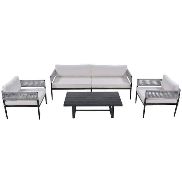 Tunearary 4-Pieces Gray Woven Rope Steel Outdoor Conversation Furniture Sectional Sofa Set with Beige Cushion