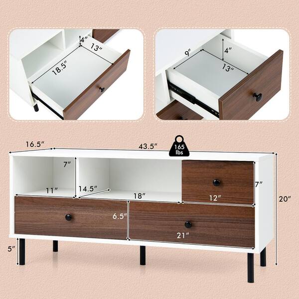 Costway White and Walnut Mid-Century TV Stand Fits Up To 50 in. Media Entertainment Center Console with 2-Cubbies and 3-Drawers H9I-10N34-A4-A - The Home Depot Costway White and Walnut Mid-Century TV Stand Fits Up To 50 in. Media Entertainment Center Console with 2-Cubbies and 3-Drawers H9I-10N34-A4-A - The Home Depot