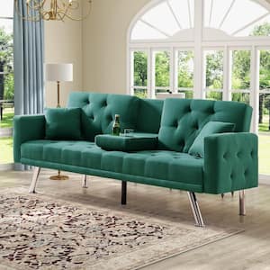 Dark Green 75.59 in. Linen Arm Chair Futon Sofa Bed Convertible Sleeper Reclining Couch with Cup Holder Metal Legs