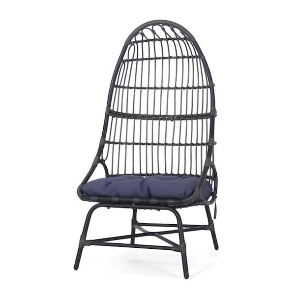 Noble House Shelton Gray Basket Wicker Outdoor Patio Lounge Chair with Dark Gray Cushion