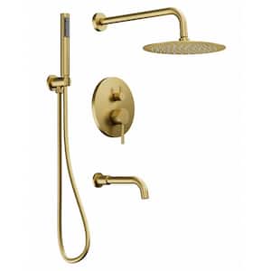 10 in. 3-Spray Wall Mount Round Shower Head Wall Bar Shower Kits in. Brushed Gold(Valve Included)