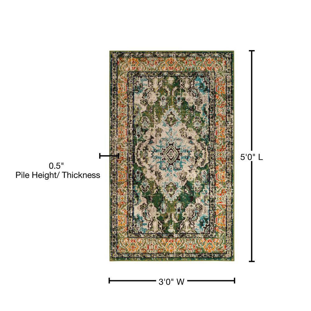 Boho-Chic Forest Green and Light Blue Rectangular Rug