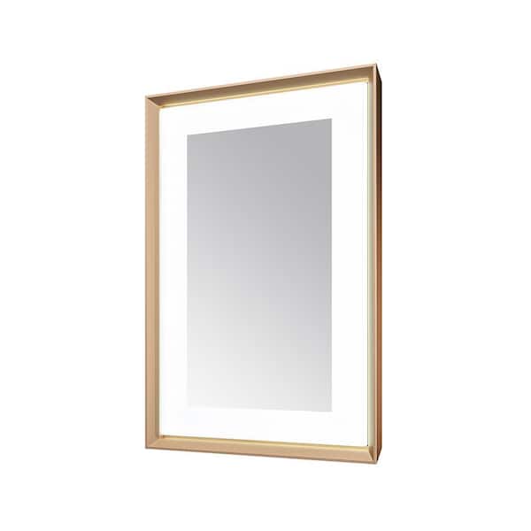 Madison 30 in. W x 36 in. H Rectangular Framed Wall Mount Bathroom Vanity Mirror in Brushed Gold LED Lighted Defogger