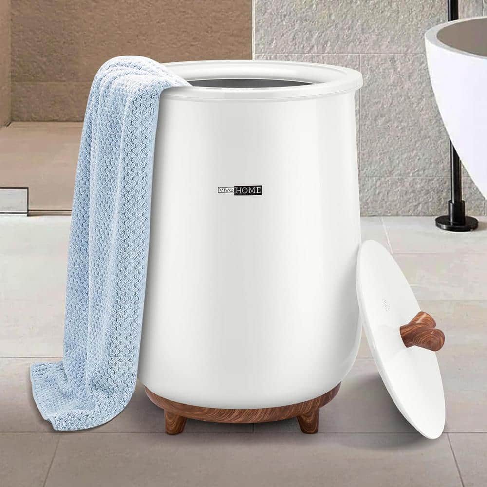 Matte White Freestanding Electric Towel Warmer with Wooden Accents