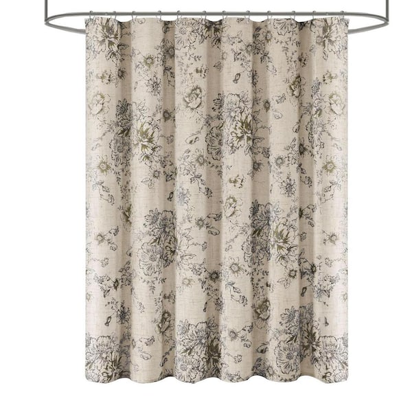 Farmhouse Vintage Shower Curtain 72 x 72 Floral Linen Rustic Tattoo in Tan Taupe Black Pattern