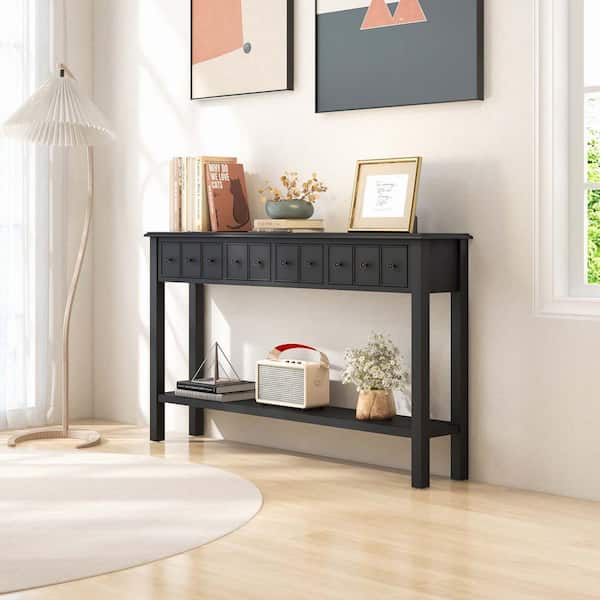 Costway 60 in. Black Rectangle Wood Console Table Retro Entryway Sofa Table with 4-Drawers And Open Shelf Hallway