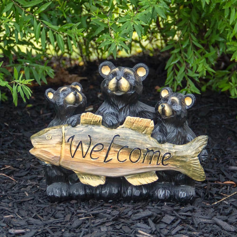 10" Black Bear Family Trio Welcome Sign Resin Statue