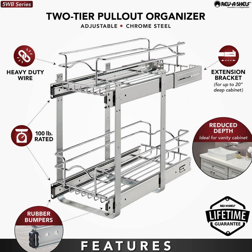 Chrome 2-Tier Wire Basket Pull Out Shelf for Cabinets