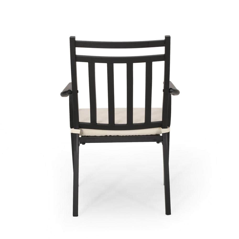 Matte Black Iron Outdoor Dining Chairs with Beige Cushions (Set of 2)