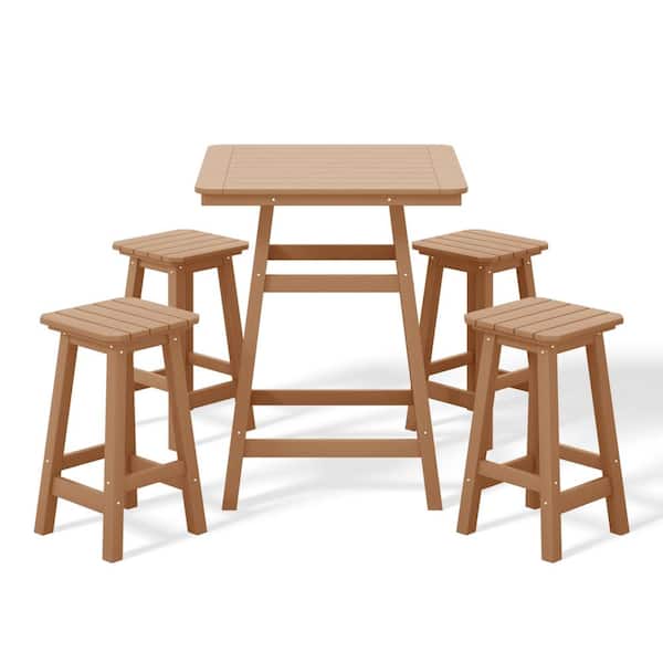 WESTIN OUTDOOR Laguna 5-Piece Fade Resistant HDPE Plastic Outdoor Patio Square Counter Height Bistro Set, Matching Barstools Teak