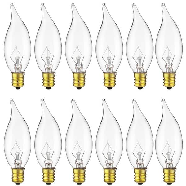 Sunlite 10-Watt CA8 Candelabra (E12) Base Clear Incandescent Flame Tip Light Bulb 2700K (12-Pack)