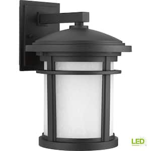 Wish LED Collection 1-Light Textured Black Etched White Linen Glass Craftsman Outdoor Medium Wall Lantern Light