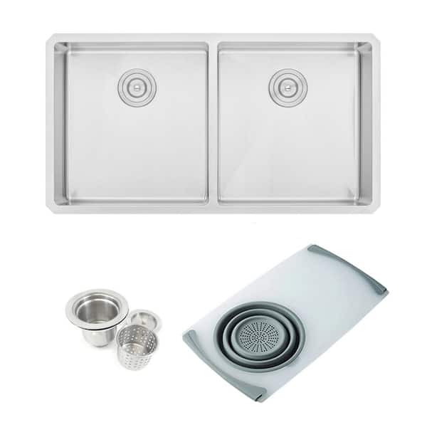 eModernDecor Undermount 16-Gauge Stainless Steel 37x20x10 in. 50/50 Double Bowl Kitchen Sink w/ Cutting Board Colander and Strainer
