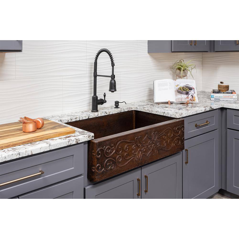 33" Hammered Copper Farmhouse Drop-in Kitchen Sink with Scroll Design