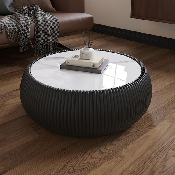 Halvion Modern 27.55 in. Black Round PU Leather Drum Shape Light Marble Top Coffee Table