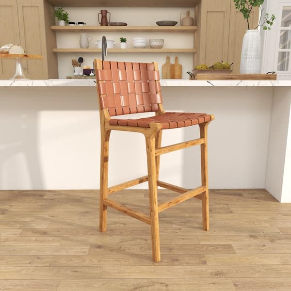 Jones 26 in. Brown Teak Wood Woven Leather Seat and Back Bar Stool with Beam Footrest