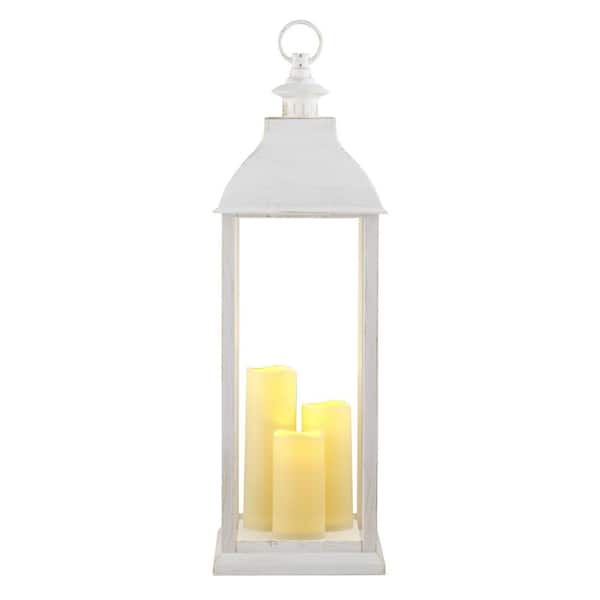 28 in. Tall Outdoor Battery-Operated Lantern with LED Lights, White