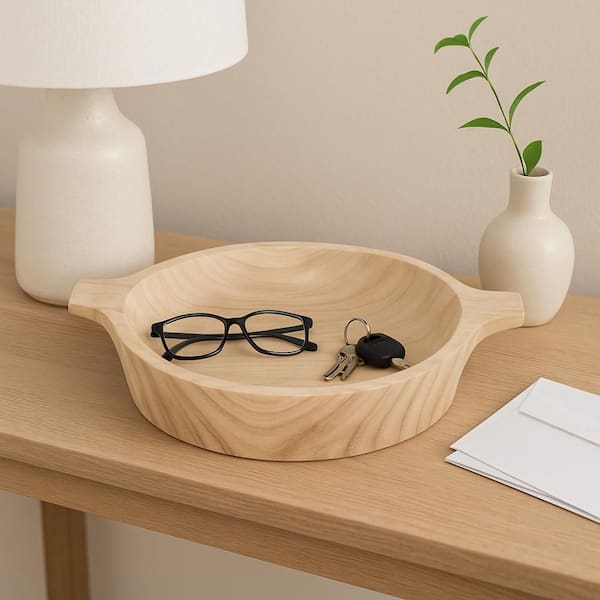 Brown 16 in. Round Wood Decorative Bowl with Handles