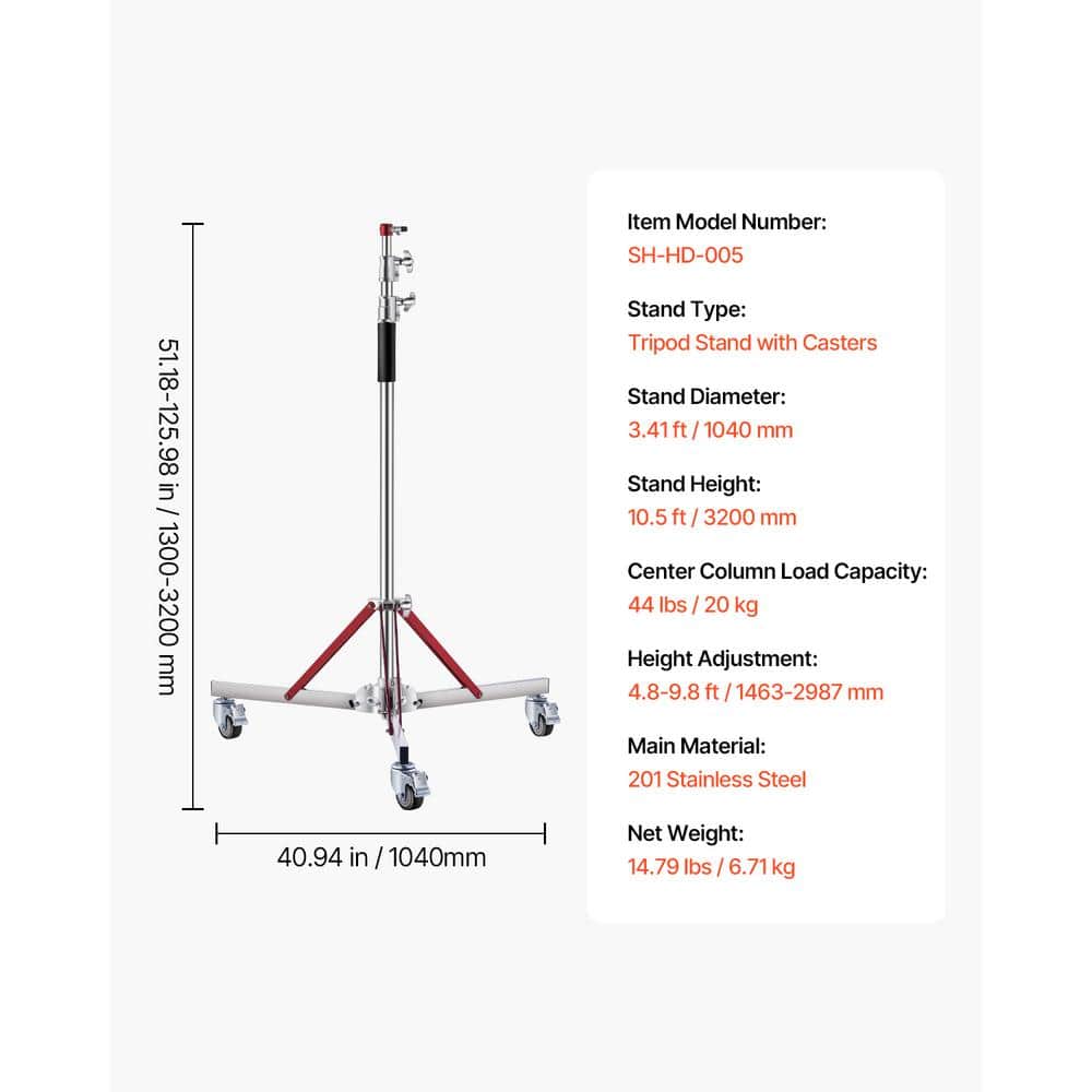 Heavy Duty Adjustable Stainless Steel Photography Light Stand with Casters