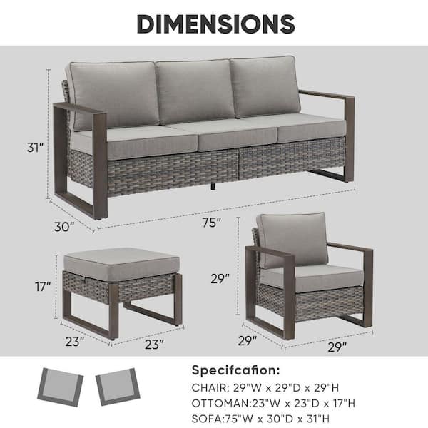 Cube Edge 5-Piece Gray Wicker Patio Conversation Set with Olefin Gray Cushions and Couch/ Porch Furniture Sets