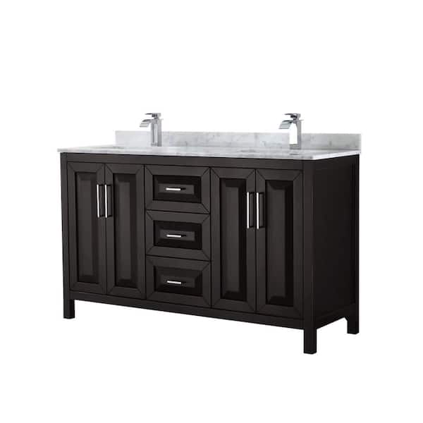 Wyndham Collection Daria 60 in. Double Bathroom Vanity in Dark Espresso with Marble Vanity Top in Carrara White with White Basin
