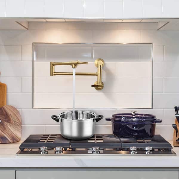 Brass Wall Mounted Pot Filler with Double Handle in Gold
