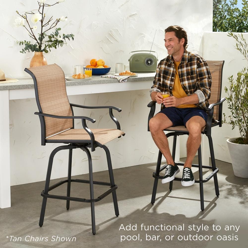 Brown Outdoor Swivel Bar Stools with Mesh and Steel Frame, Set of 2