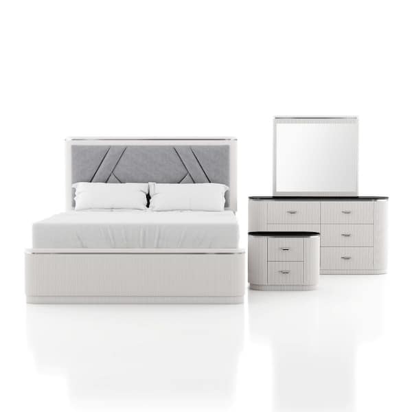 Addy 4-Piece Modern Light Gray Wood Queen Panel Bedroom Set with Nightstand and Dresser/Mirror