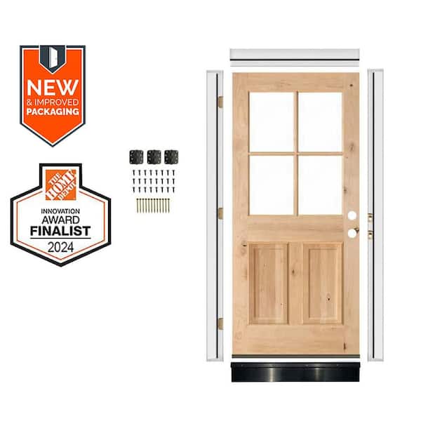 32in.x80in. LH 4-Lite Clear Glass  Unfinished KnottyAlder Wood AssemblyRequired Front Door Kit w/QuickAssembleJamb
